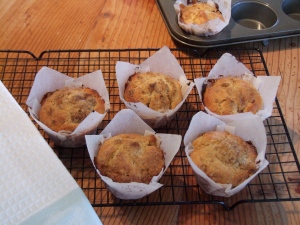 Rhubarb streusel muffins just out of the oven